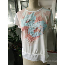 La última moda Pink Embroidery Flower Mujer bordado T-shirt